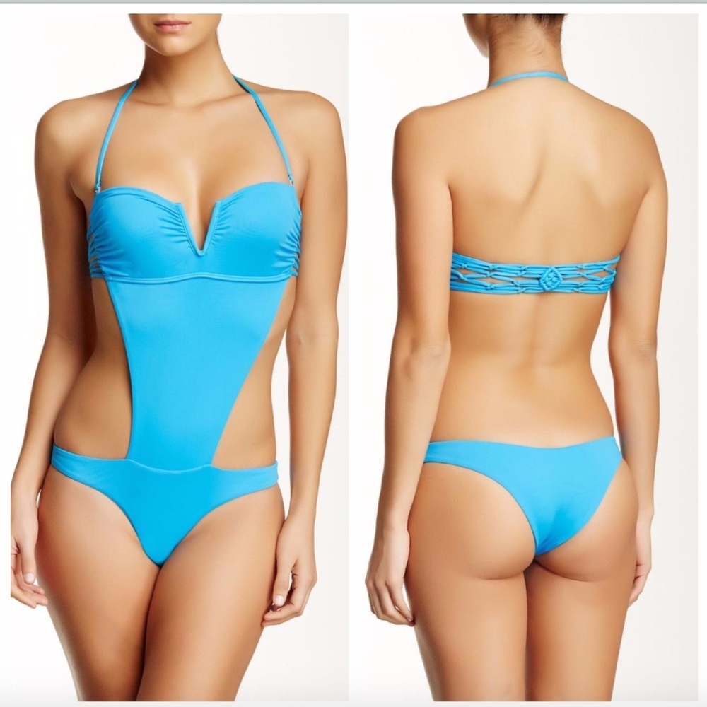EUC $180 Frankie's Bikinis Cali Cutout One-Piece Swimsuit Azure Blue [SZ L] #706